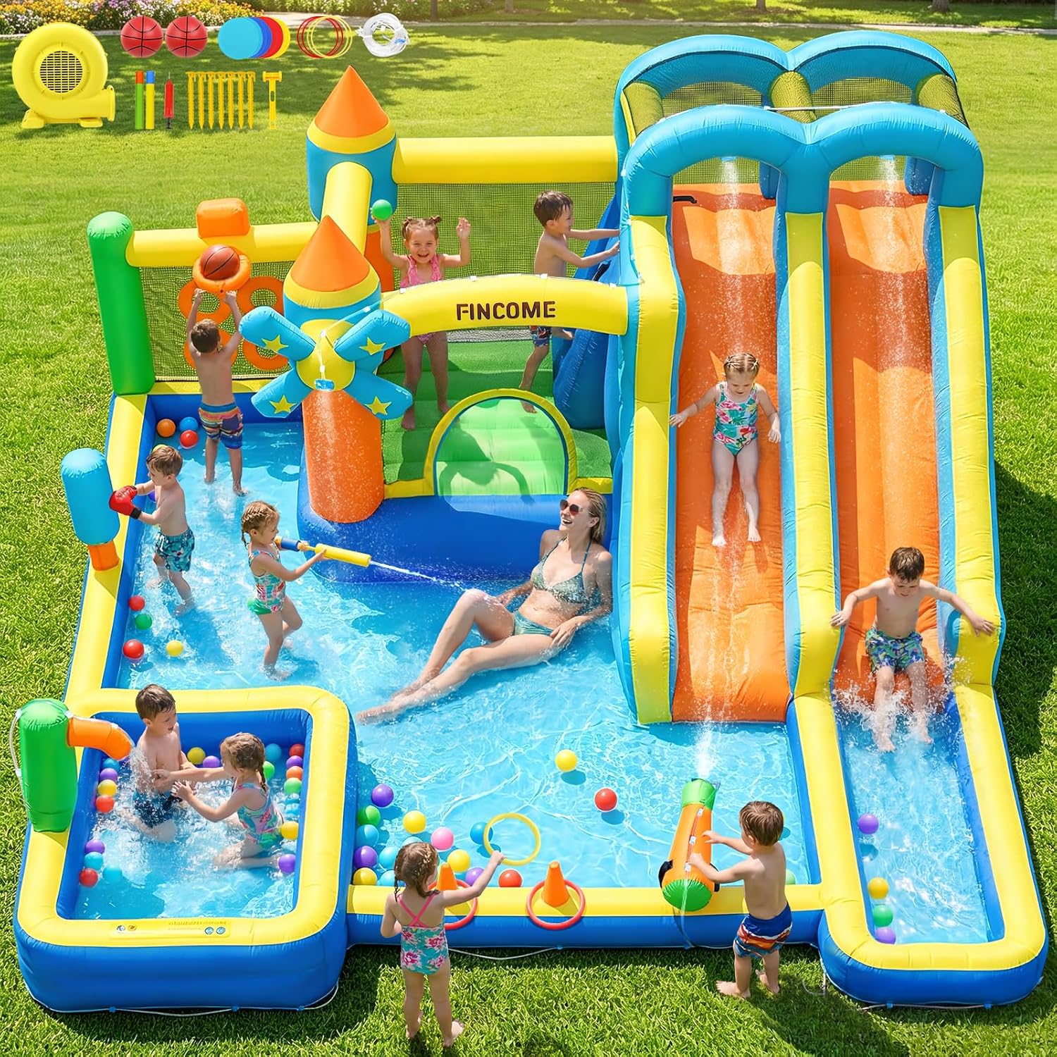 Kids Outdoor Inflatable Water Slide - Castello Gonfiabile 10-in-1 con Doppio Scivolo